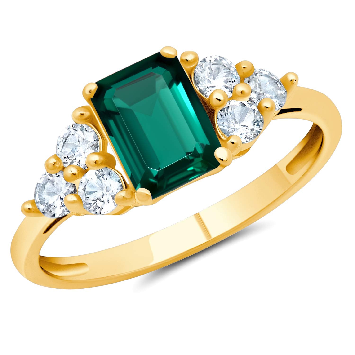 MAX + STONE 10k Yellow Gold Ring for Women with Emerald Cut Created Green Emerald Gemstone and Created White Sapphire Accents and May Birthstone Anniversary Ring Size 9