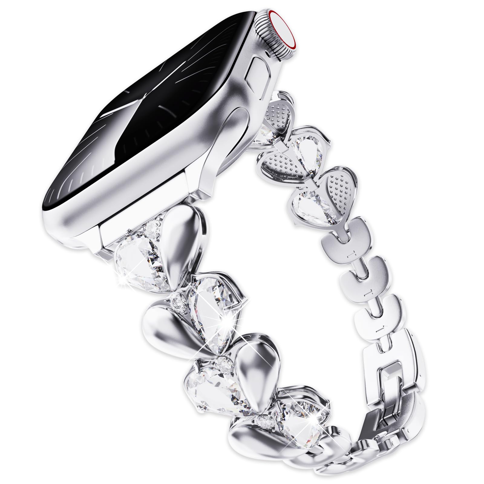 Heart-shaped Rhinestone Bracelet Apple Watch Band with Leaf-type Metal Bling Jewelry Style