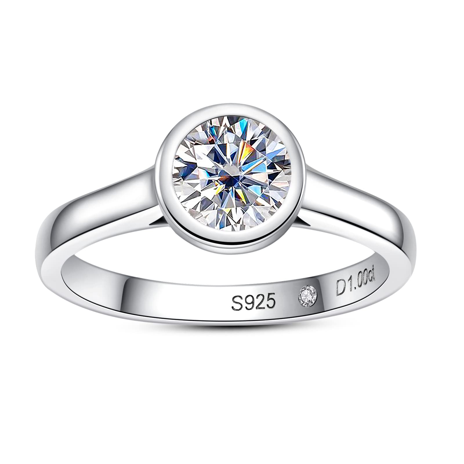 Raivari Moissanite Engagement Rings1 CT Bezel Setting Round Lab Created Diamond Solitaire Promise Rings in 14K White Gold Plated Sterling Silver Anniversary Rings for Women5.5