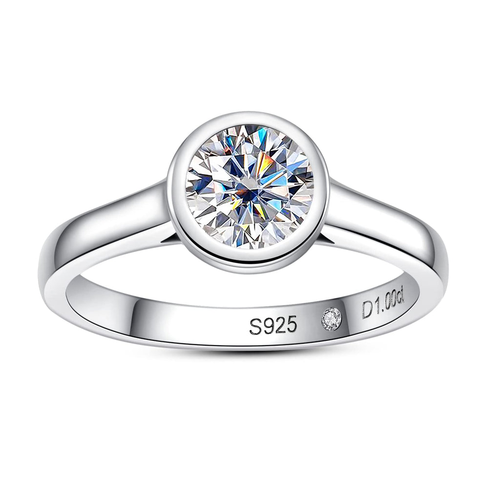 Raivari Moissanite Engagement Rings1 CT Bezel Setting Round Lab Created Diamond Solitaire Promise Rings in 14K White Gold Plated Sterling Silver Anniversary Rings for Women5.5